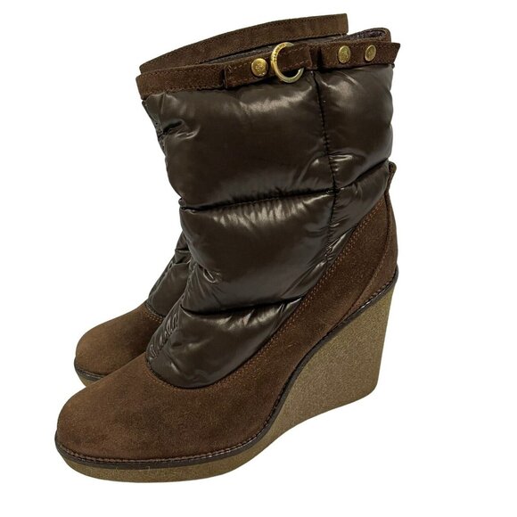 Moncler Suede Quilted Puffer Down Mid-Calf Wedge Boots EU 39 / US 8 Brown - Picture 1 of 16